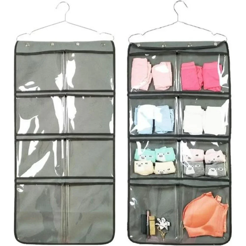 Hanging closet organizer dual sided with clear pockets for underwear socks bras